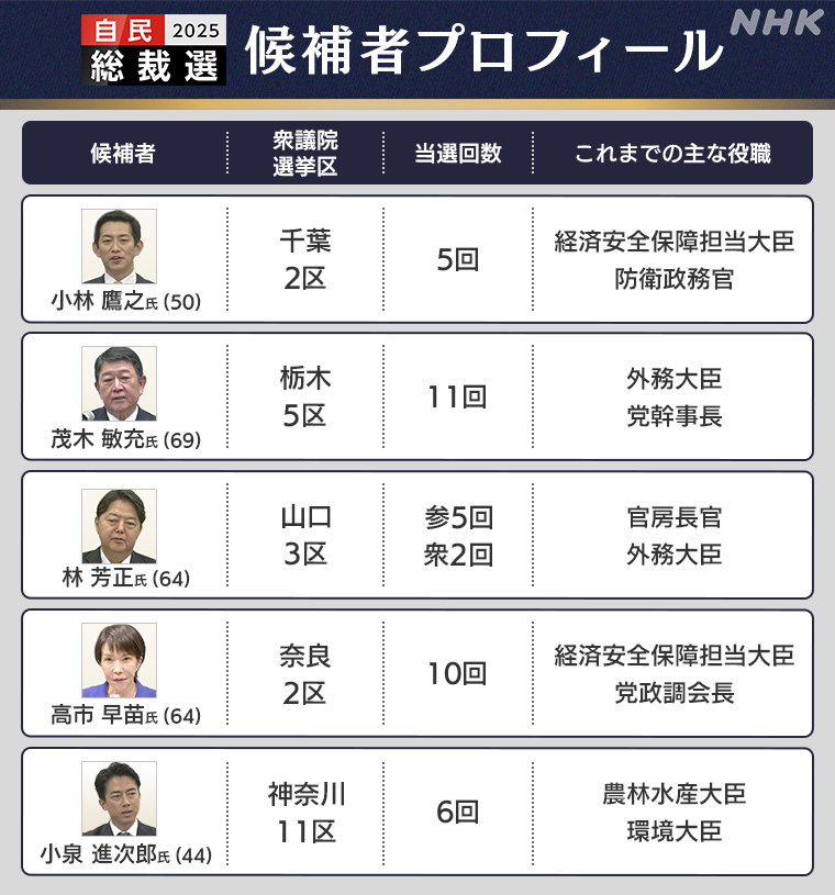 5名自民党总裁候选者的基本信息 NHK