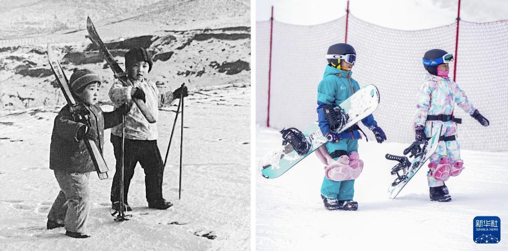 左图：1973年2月14日，吉林省通化市的儿童扛着滑雪板，来到市郊的山上学习滑雪（新华社发）；右图：2023年2月10日，孩子们带着滑板走在位于吉林省通化市的万峰滑雪场（新华社记者颜麟蕴摄）。