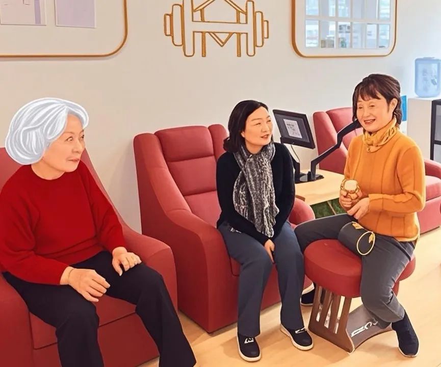 在健身房改善人体微循环的律动沙发上,老人们经常聚在一起聊天。