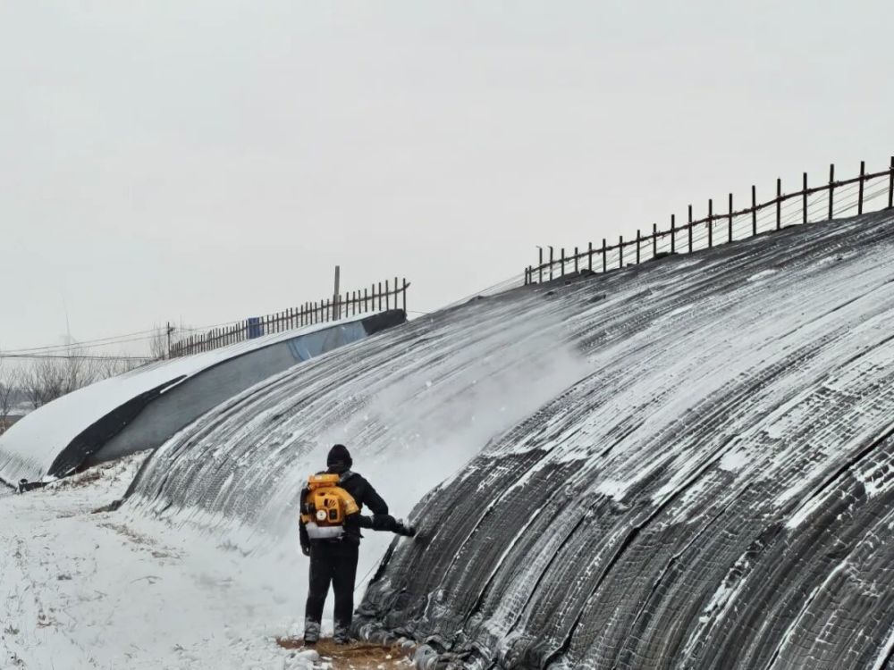 11月27日,在辽宁省铁岭县药王庙村,农户正在清理蔬菜大棚上的积雪。(受访者供图)