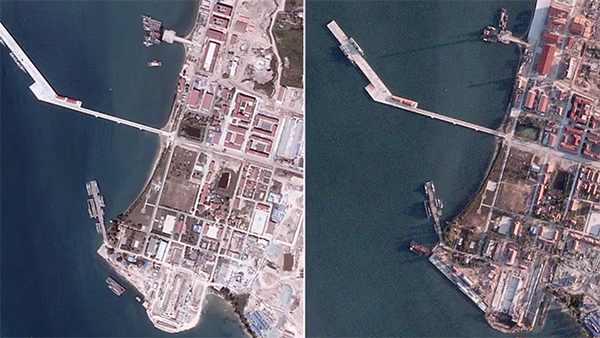 建设中的柬埔寨云壤海军基地,左图为2023年卫星图片,右图为2024年卫星图片。 卫星图片