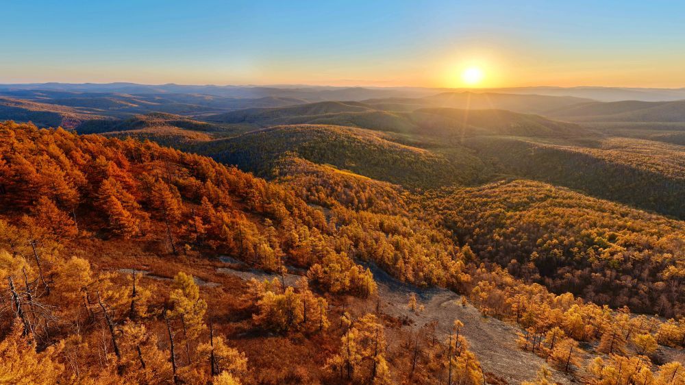这是2025年9月28日在内蒙古牙克石市绰河源镇拍摄的大兴安岭林海日出（无人机拼接照片）。新华社记者 马金瑞 摄