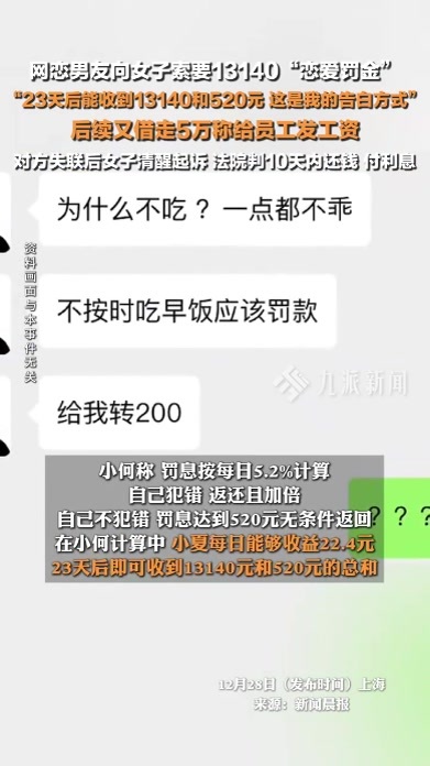 网恋男友向女子索要13140元恋爱罚金，并借走5万，其失联后女子清醒起诉，法院判还