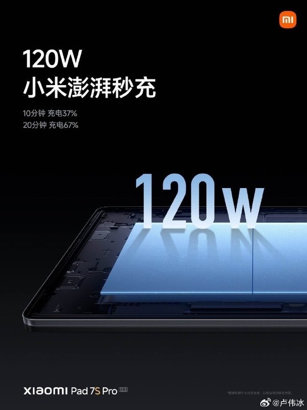 小米平板7S Pro将搭载120W小米澎湃秒充 10分钟充37%