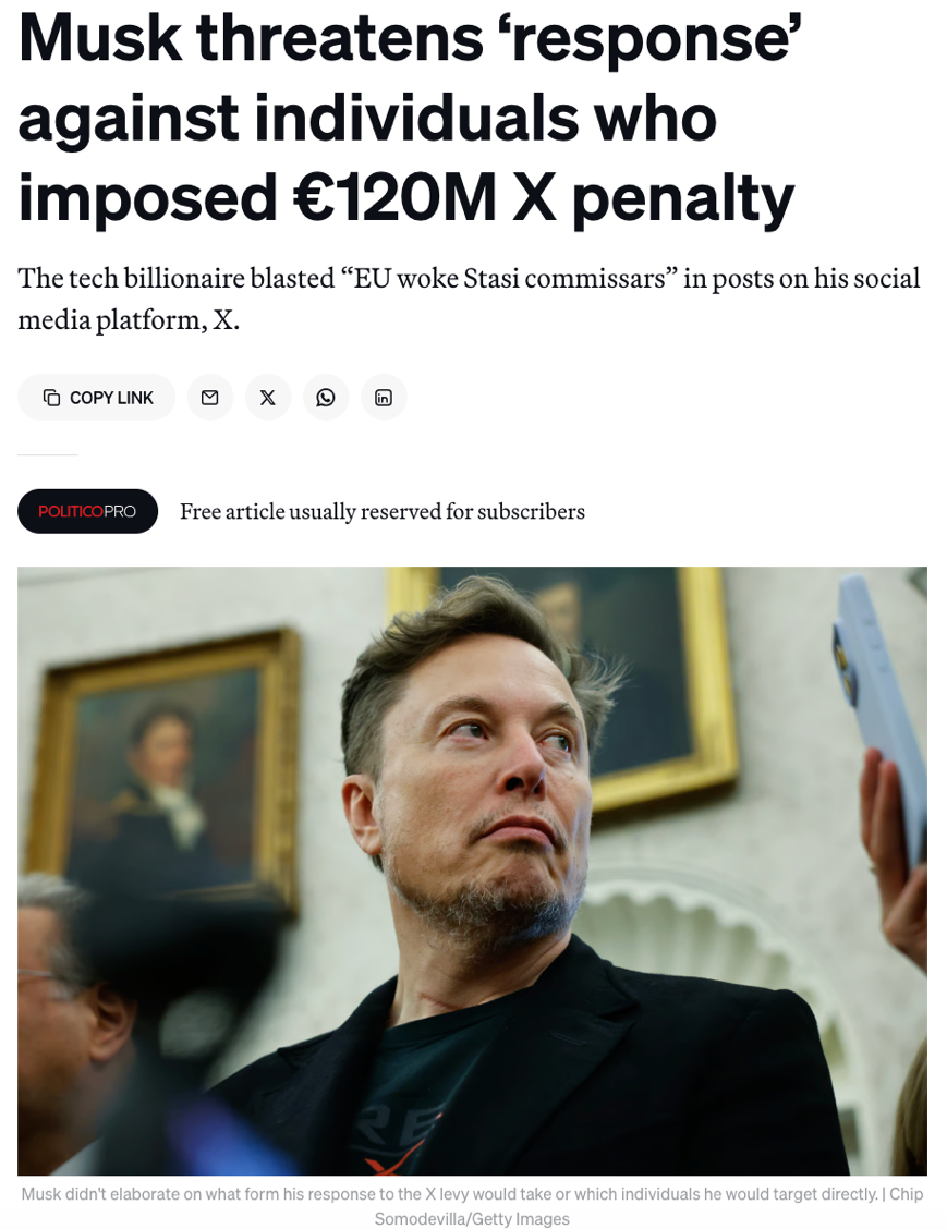 △美国《政客》杂志报道,美国一直敦促欧盟废止DSA,此次罚单事件使得双方本已紧张的关系雪上加霜。