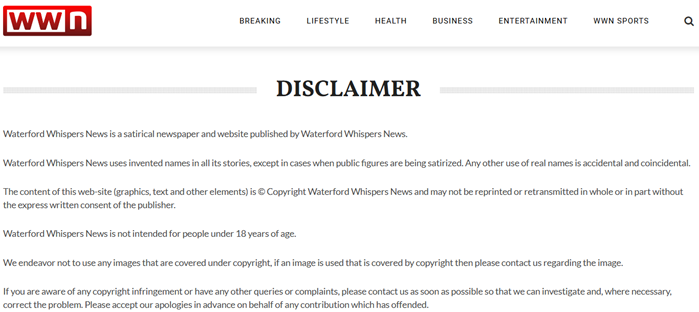 信源评估网站MBFC对 Waterford Whispers News网站的评价截图(上),和Waterford Whispers News的免责说明(下)。