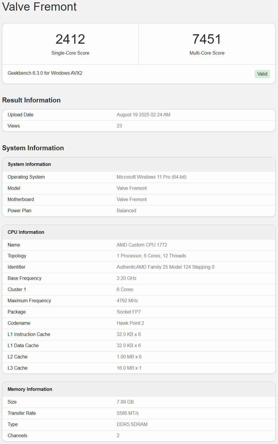 Valve Fremont benchmark scores: 2412 single-core, 7451 multi-core on AMD CPU with Windows 11.