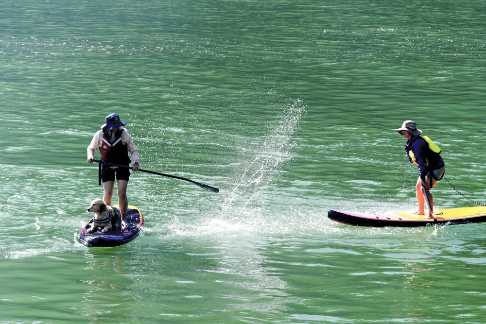 10月4日,游客在云南大理南涧彝族自治县公郎镇猛龙渡体验桨板。 新华社发(适志宏摄)