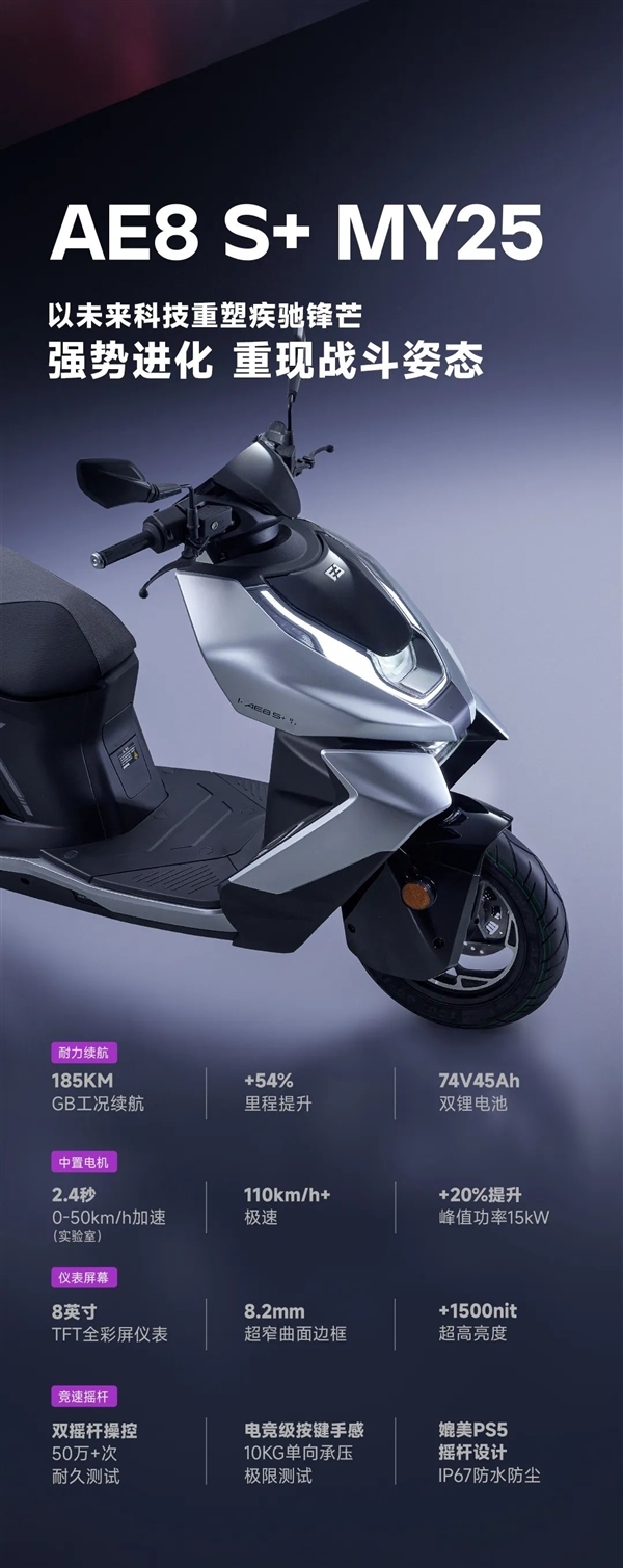 极速110km/h 极核AE8 S+MY25电动摩托车首发:23180元