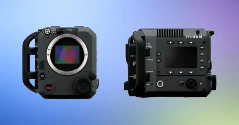 Two components of a Fujifilm camera are displayed: on the left, a lens mount with a handle and