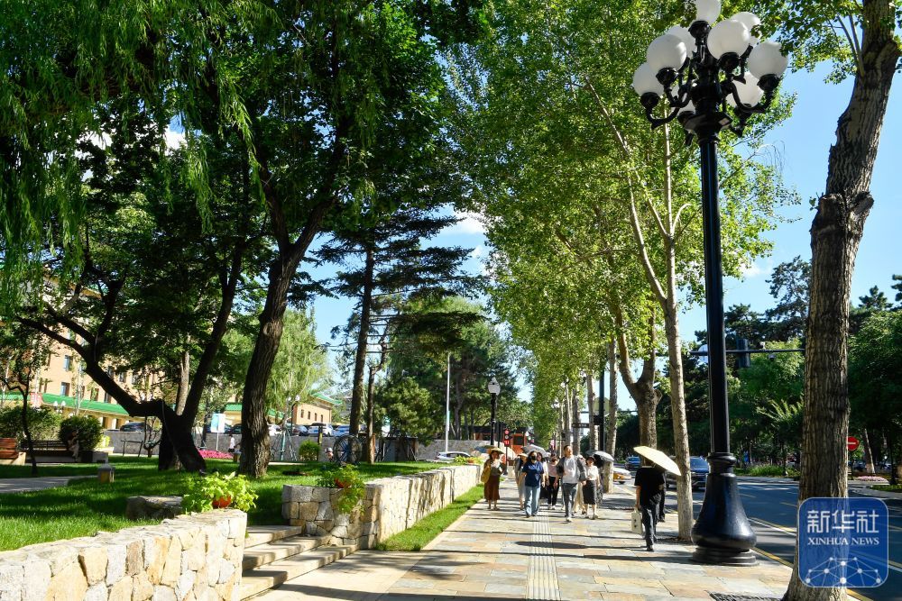 ↑ 7月30日，游客游览长春新民大街。