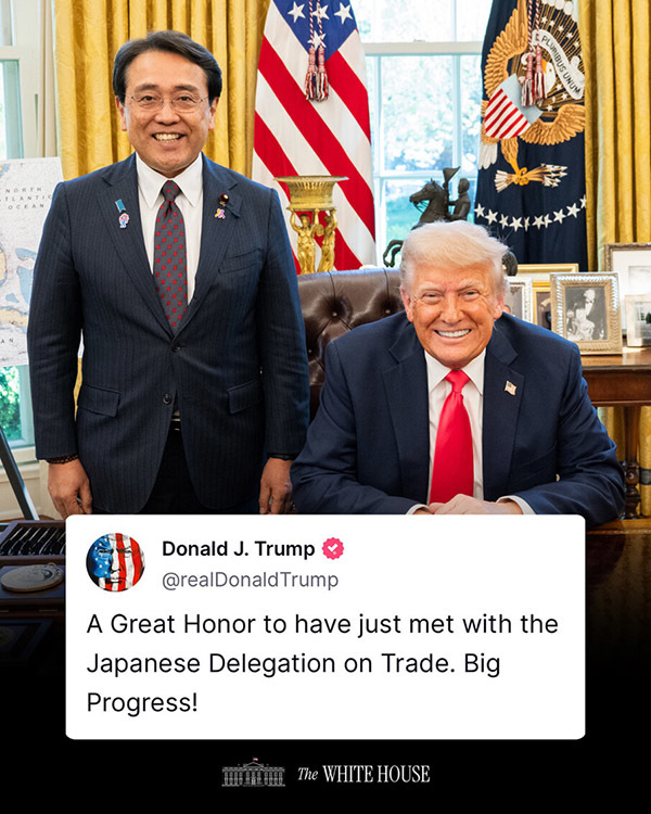 当地时间4月16日，特朗普在社交媒体上发布了他与日本贸易谈判代表赤泽亮正在白宫的合影 社交媒体