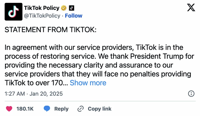 ◆TikTok停运半天后恢复服务。