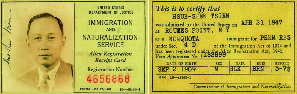 钱学森的永久居住许可证(即现在的绿卡,当时还不是“绿”色),图自Lv, C. (2022). Return to China One Day: The Learning Life of Qian Xuesen (p. 110). Springer Nature