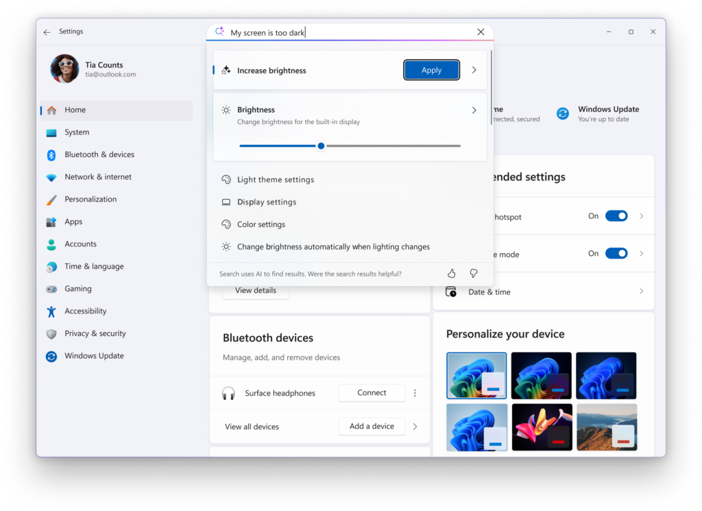 A scrollbar is added to Settings search results flyout to show all results.