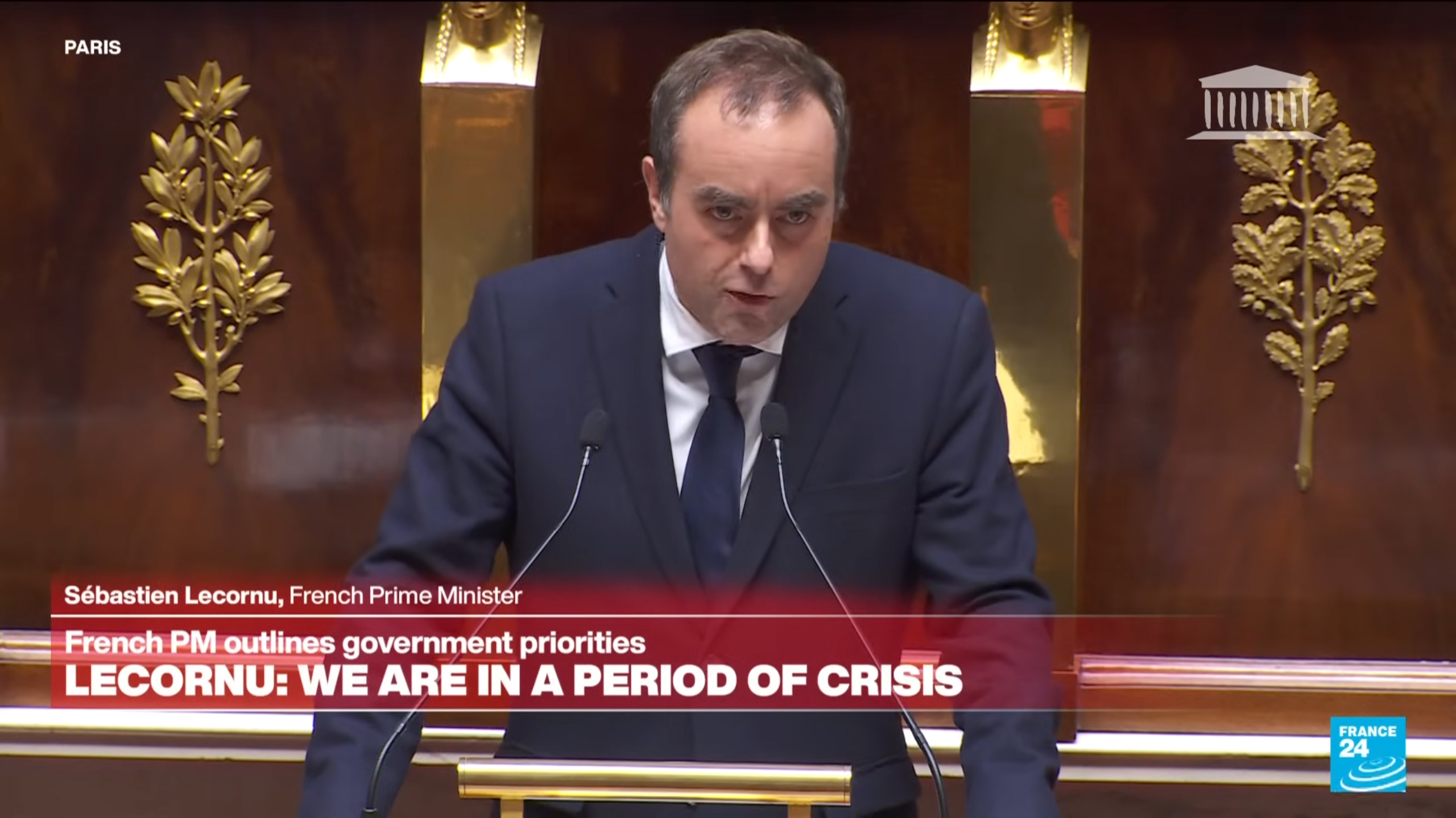 当地时间10月14日,法国总理勒科尔尼向法国国民议会发表演讲。 视频截图