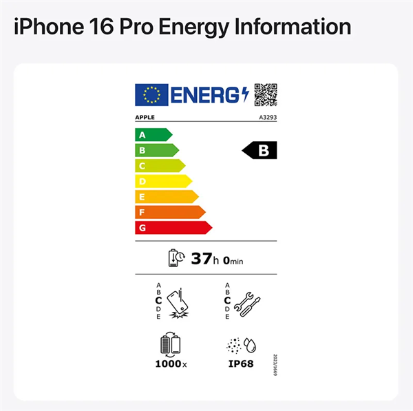 苹果欧盟官网加入能效标签:iPhone 16 Pro能效为B级