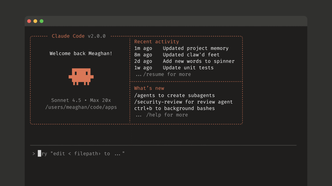 Claude Code terminal interface showing welcome screen with recent project activity and new features including agent capabilities and security review tools, running Sonnet 4.5.