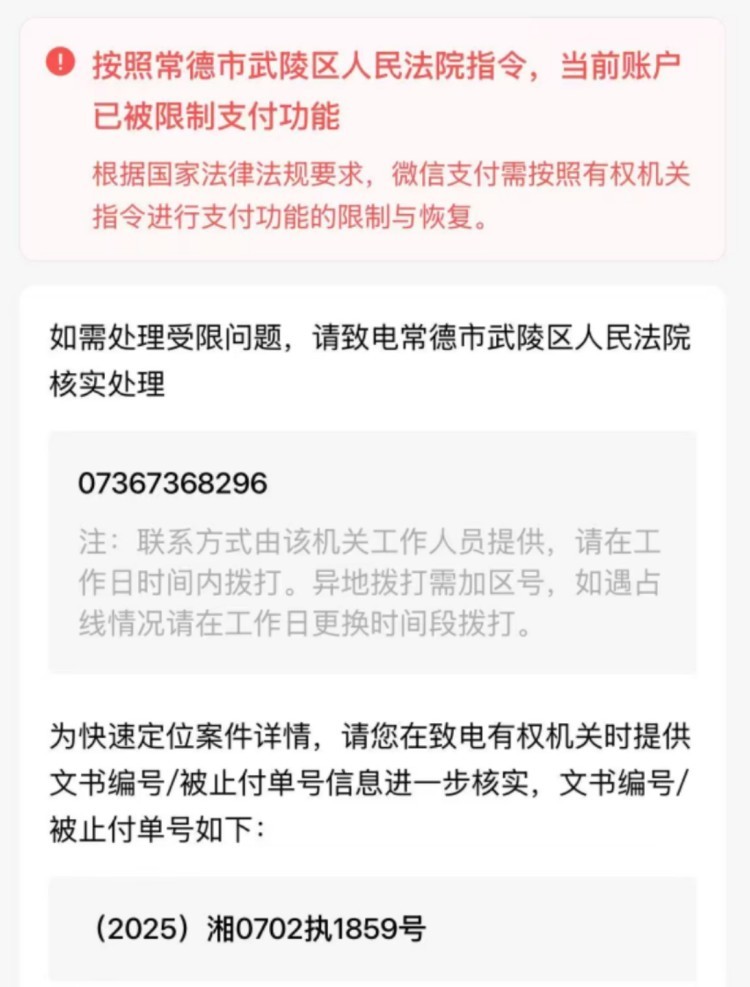广东陈某杨先生微信支付功能被法院冻结。图片来源/受访者供图。