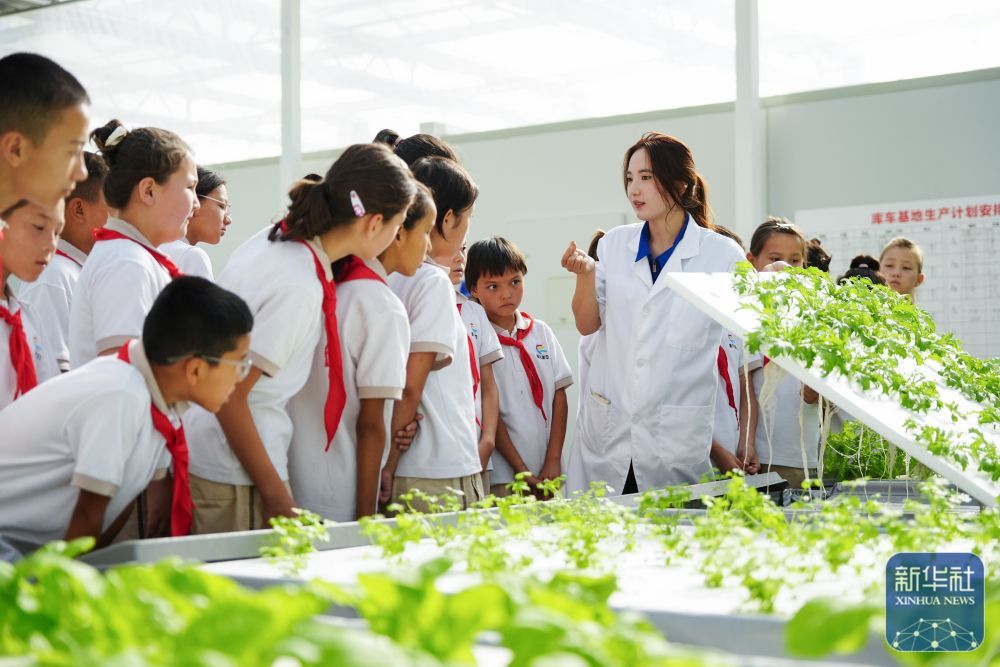 ↑ 6月25日，在新疆阿克苏地区库车市甬库同心村智慧农业植物工厂，工作人员为当地小学生讲解无土栽培技术。