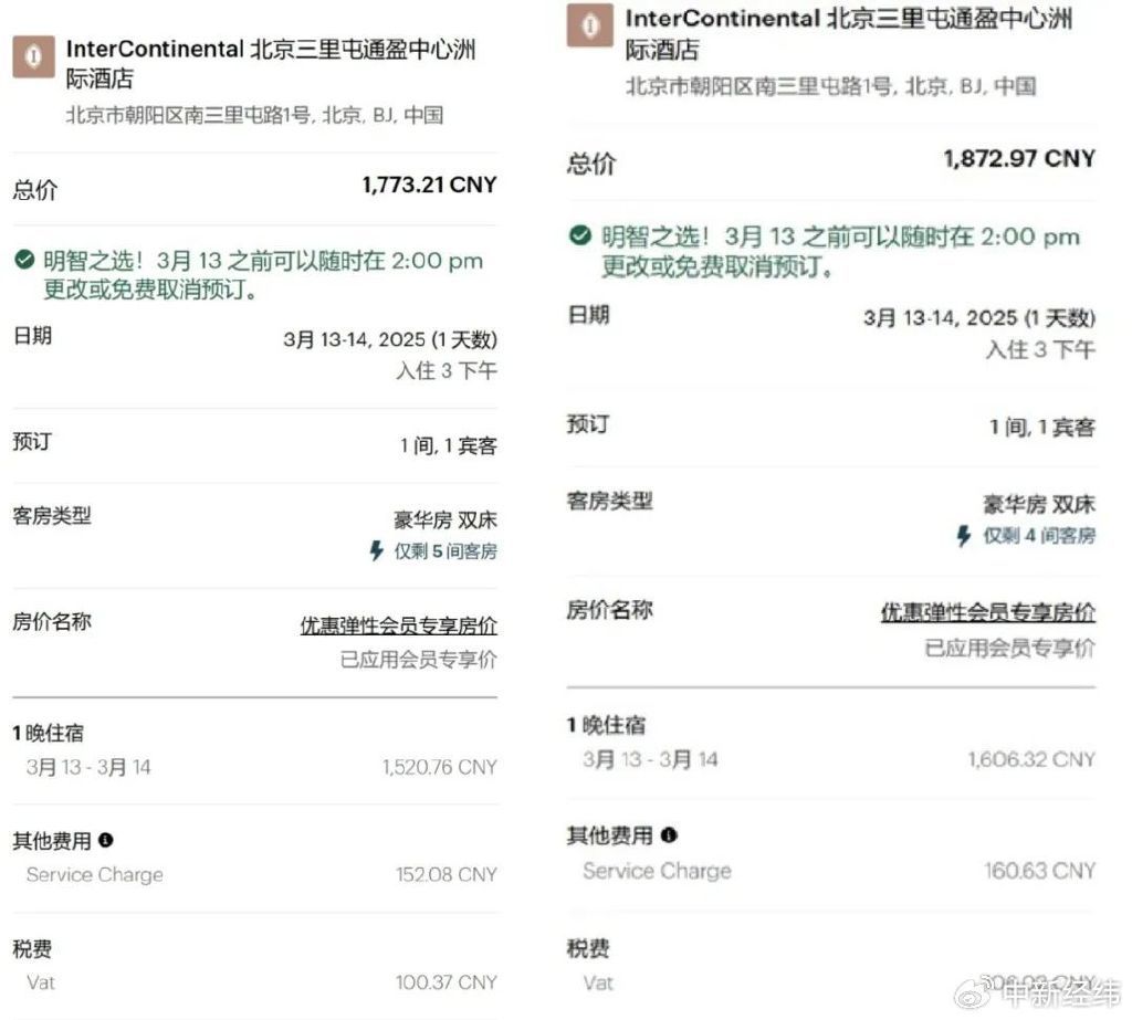 ▲洲际酒店官网涨价前后截图