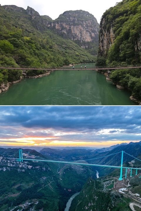 拼版照片：上图为2020年5月拍摄的贵州花江峡谷铁索桥（新华社记者蒋成摄）；下图为2025年9月27日拍摄的晚霞中的花江峡谷大桥（无人机照片，新华社记者欧东衢摄）。新华社发