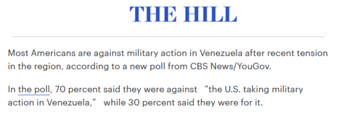 美国《国会山报》的报道称,由哥伦比亚广播公司与民调机构舆观调查公司进行的民调显示,70%的美国人反对“美国在委内瑞拉采取军事行动”。