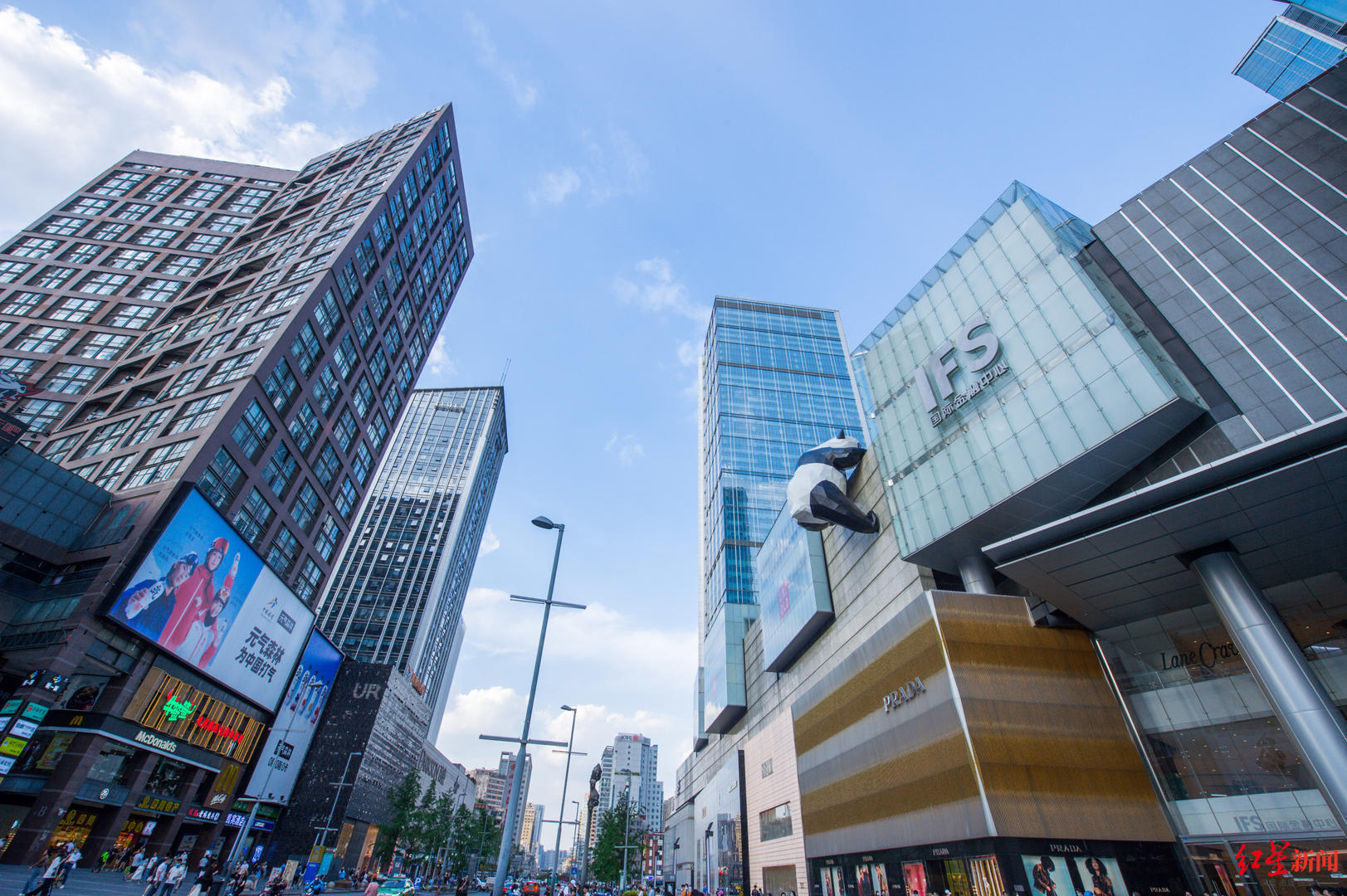 2022年7月27日,四川成都,成都IFS拥有全国唯一的熊猫爬楼景观,站在马路的一端远远就可以看到萌态可掬的大熊猫正在努力地往楼顶花园爬,憨态可掬吸引市民游客打卡。.jpg