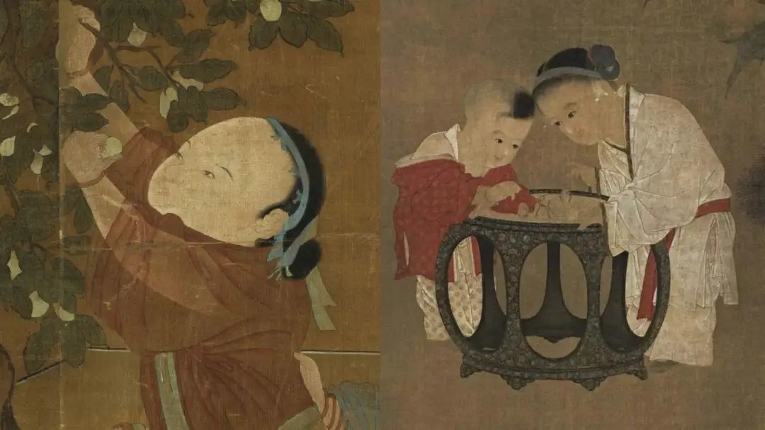 图源:左至右,佚名《扑枣图》局部、宋代苏汉臣《秋庭戏婴图》局部