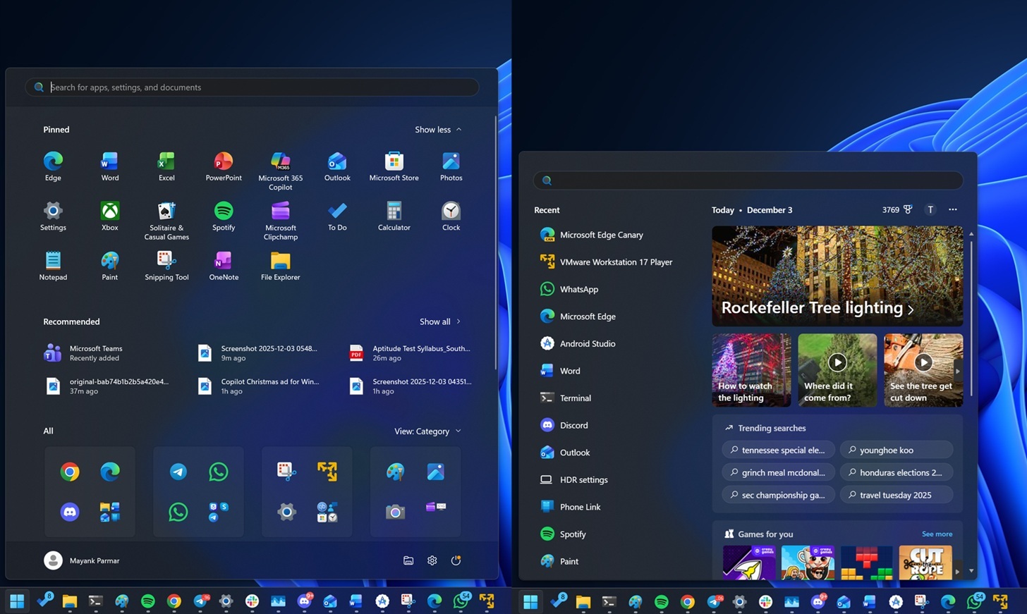 Windows 11 Start menu and Search UI