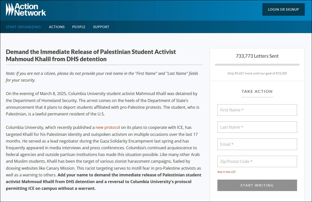 请愿书截图 ActionNetwork网站