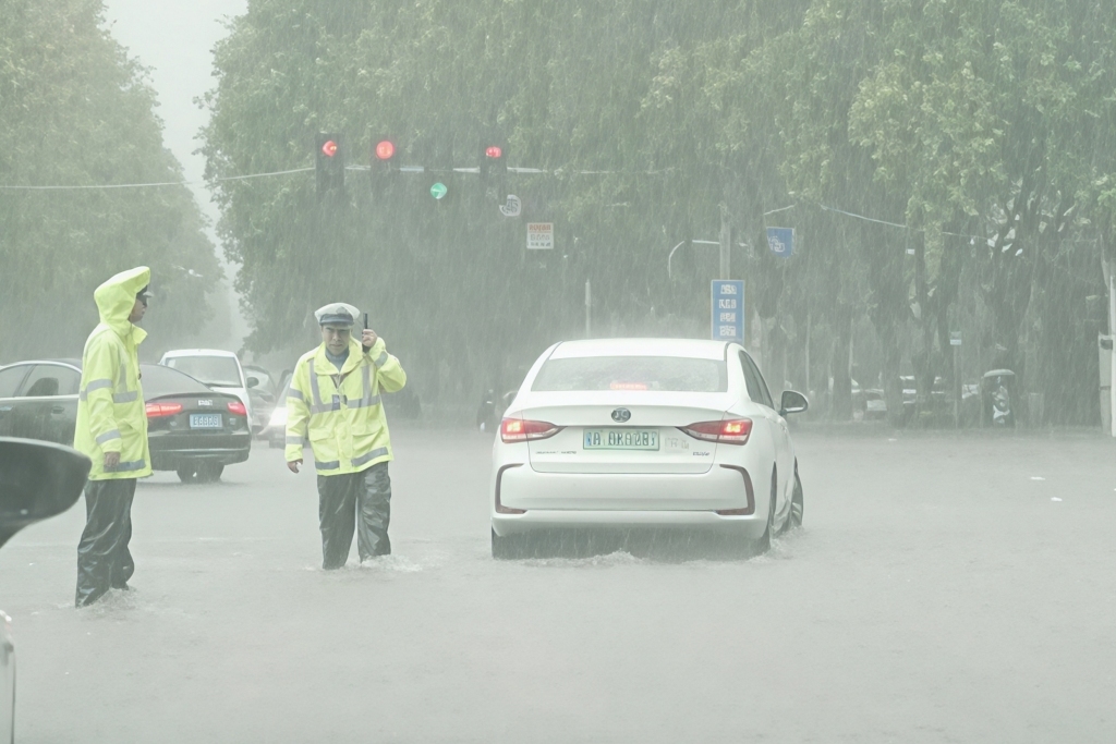 2025年8月7日，河南郑州，交警在暴雨中指挥交通。 中新社记者 李超庆/视觉中国 图