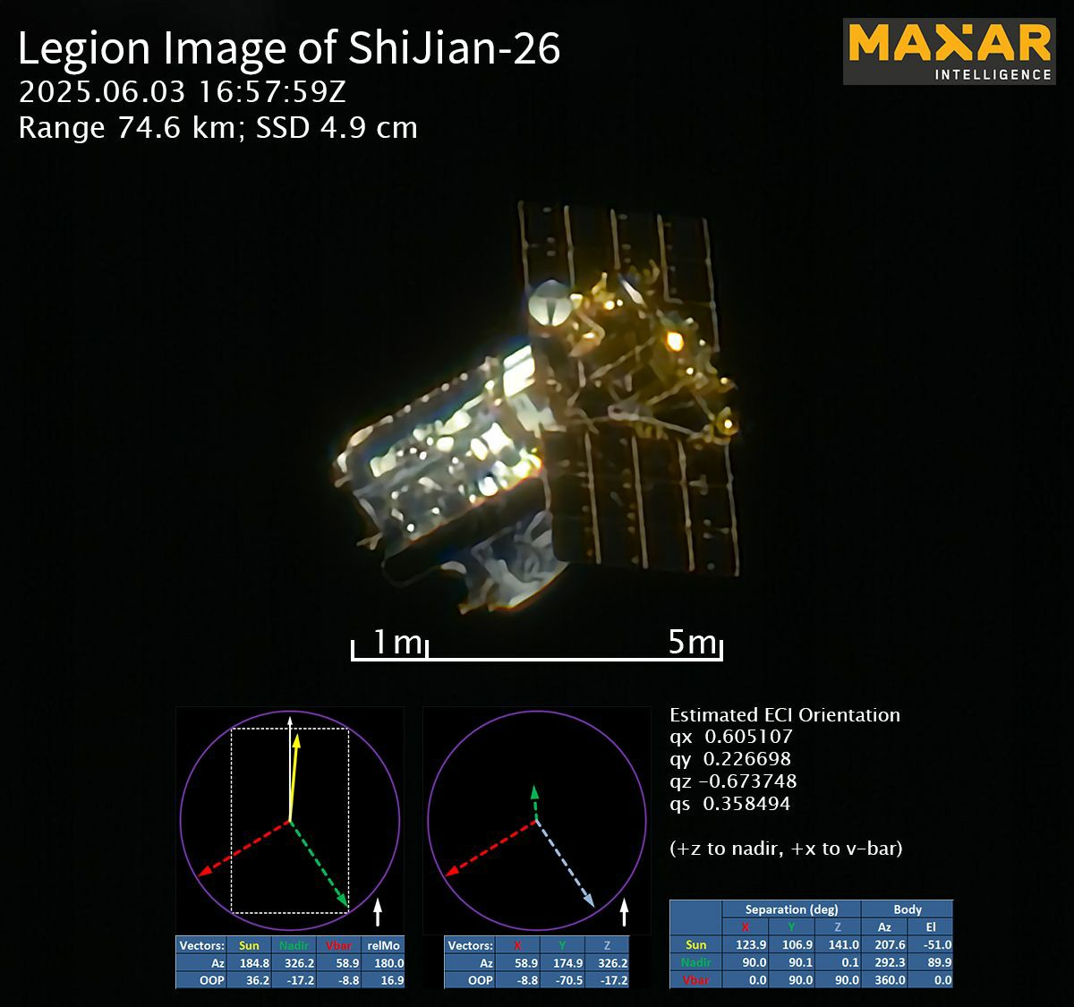 美国Maxar公司的“世景军团”卫星拍摄中国“实践二十六号”卫星。 图片来源:美国Maxar公司