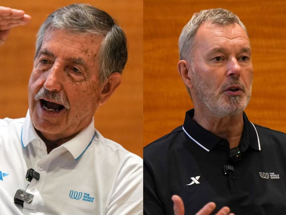 图为8月5日国际世界运动会协会(IWGA)主席何塞·佩鲁雷纳(左)和首席执行官阿希姆·高索(右)在接受新华社记者专访时的画面。新华社记者 李博 摄