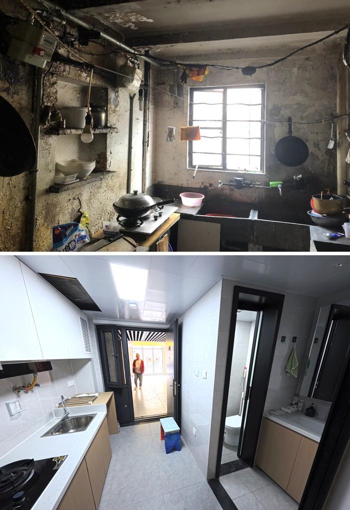 拼版照片:上图是改造前的上海市徐汇区漕溪三村小区居民共用厨房(资料照片,新华社发);下图是拆除重建后的漕溪三村小区室内独立厨房和卫生间(2025年10月23日摄,新华社记者方喆 摄)