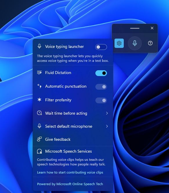UI showing the Fluid Dictation toggle in the voice typing launcher.