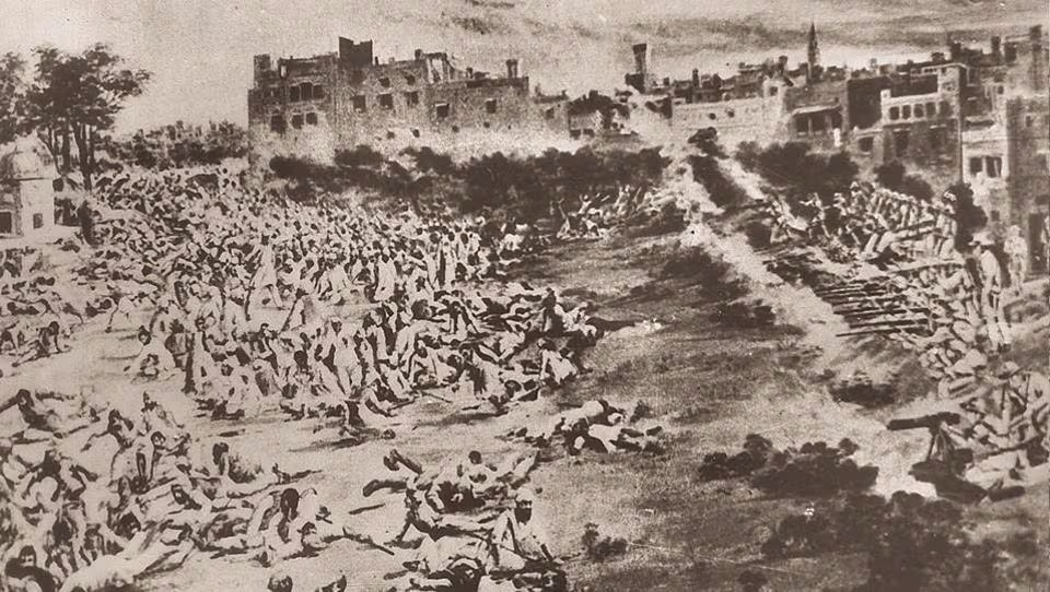 1919年4月13日，英印殖民当局在印度北部城市阿姆利则制造了札连瓦拉园屠杀案，造成千余人死亡。 《印度斯坦时报》收录的描绘屠杀案画作