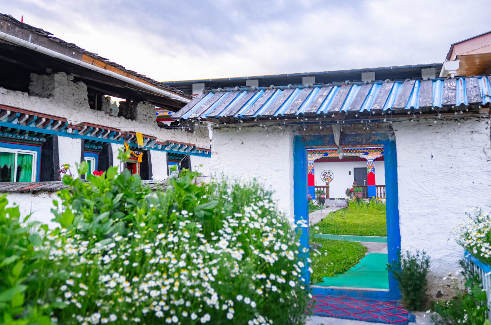 旦增家的藏式民宿门前种满了鲜花。新华社记者 丁增尼达 摄