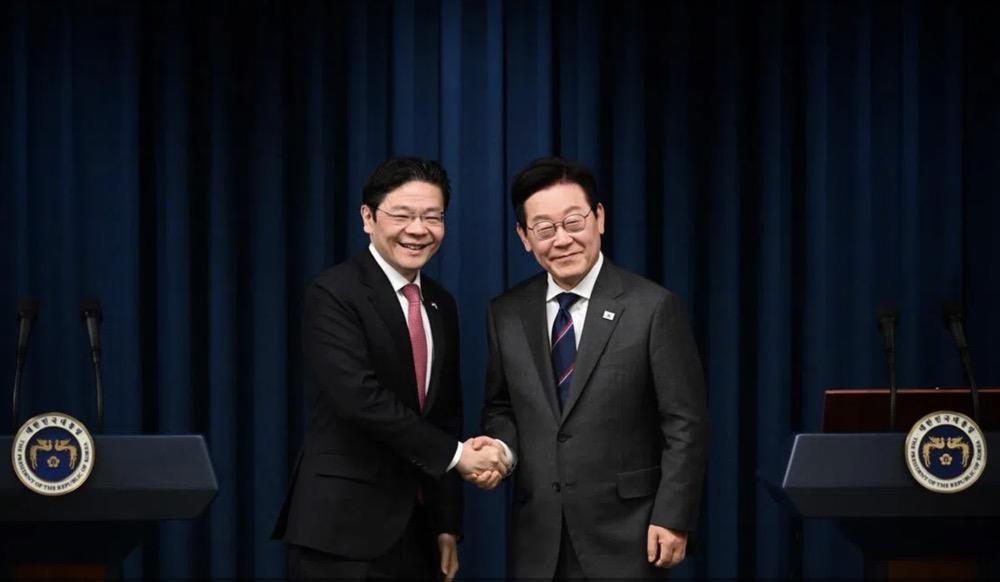 ▲11日,新加坡总理黄循财与韩国总统李在明举行联合记者会