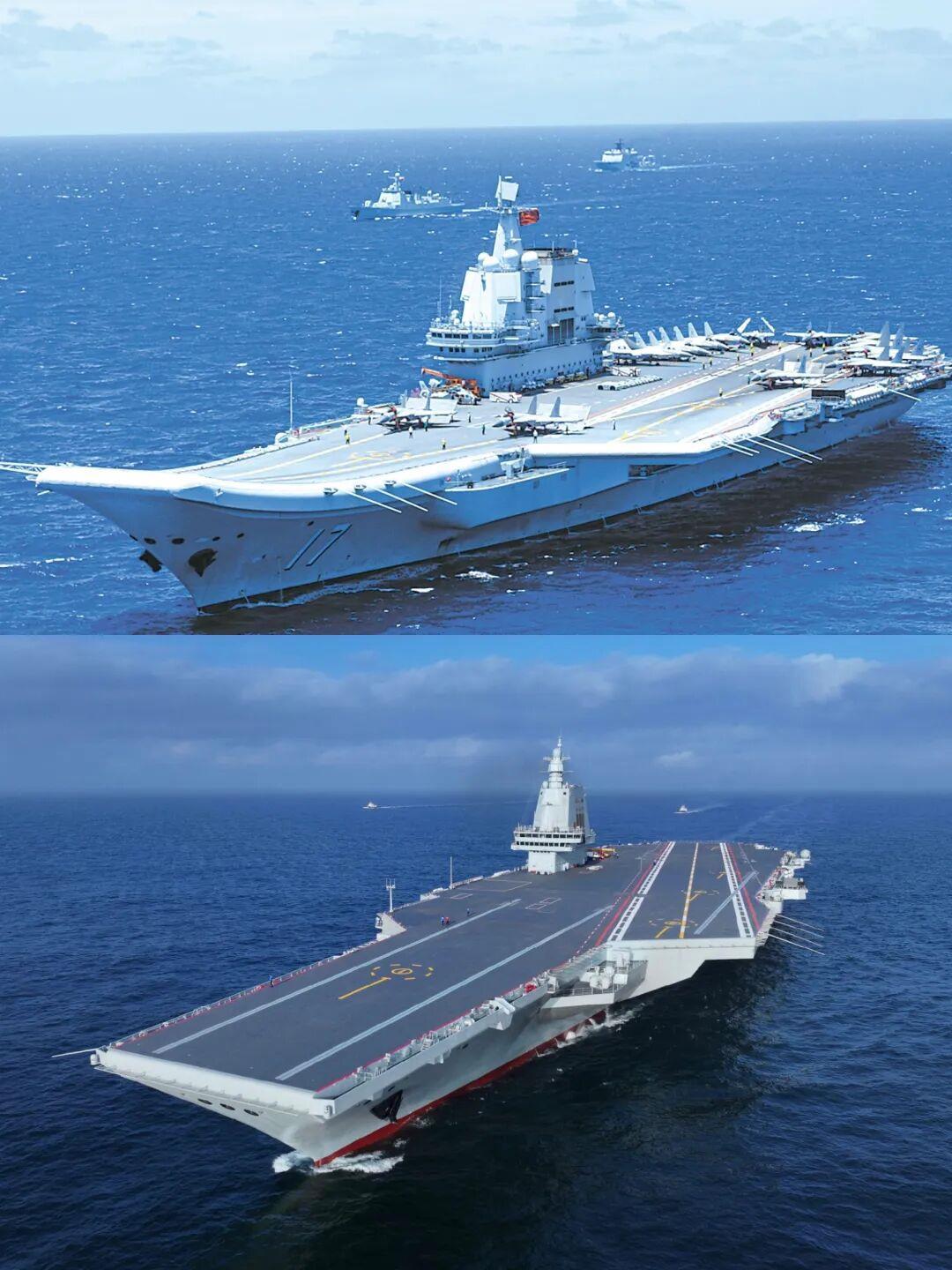 △上圖為山東艦,甲板向上翹起,下圖為福建艦,<strong></strong>電磁彈射起飛的甲板呈平直狀態。