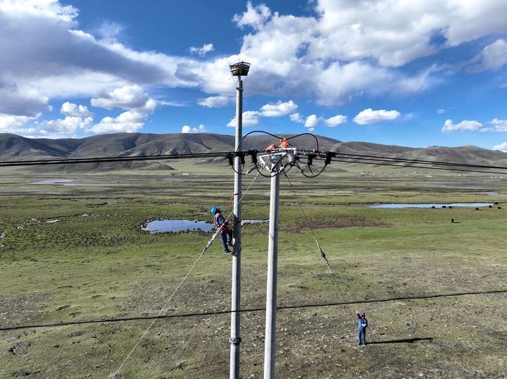 在玉树嘉塘草原上,国网玉树供电公司工作人员在检查“生命鸟巢”。(张雪 摄)