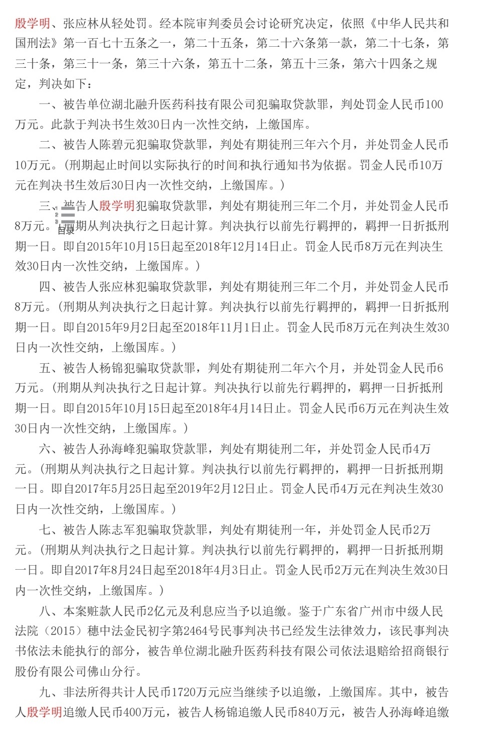 陈碧元、殷学明等人2017年被判骗取贷款罪的判决书(部分) 裁判文书网截图