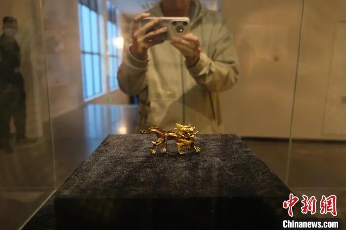 2024年12月1日,“投龙——从山川祭祀到洞天福地”特展在浙江杭州启幕。图为观众在杭州西湖出水的北宋金龙前驻足拍照。曹丹 摄
