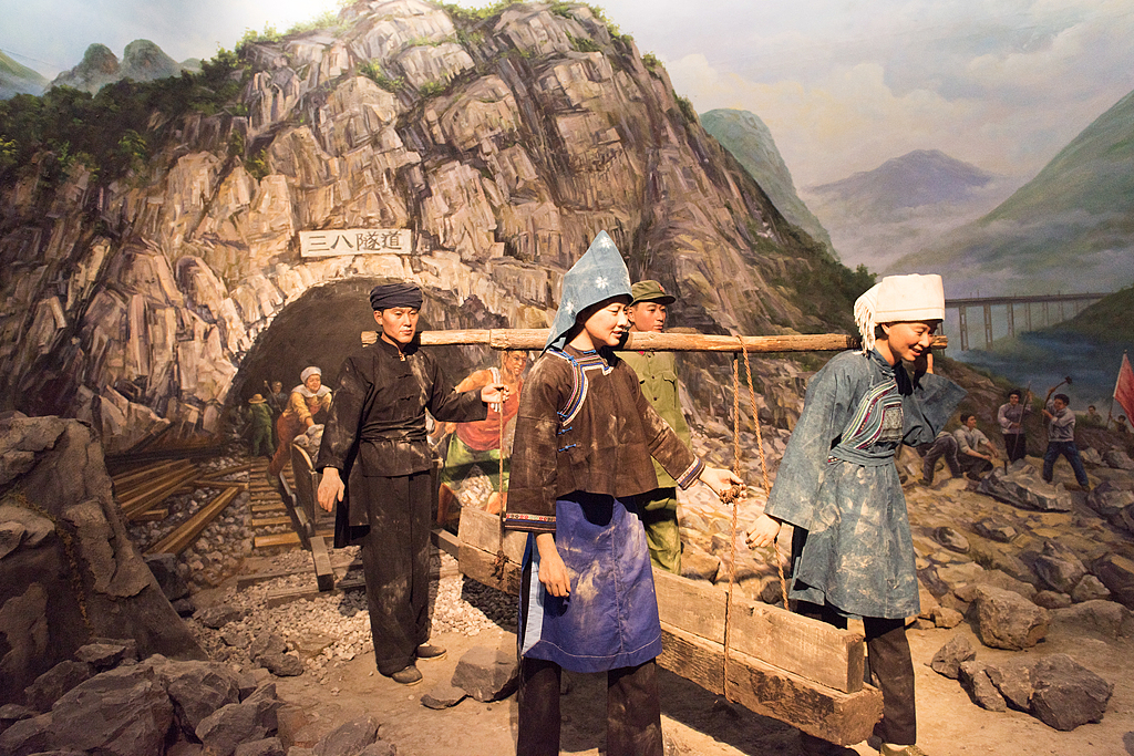 （都匀三线建设博物馆中，湘黔铁路、黔桂铁路的修建场景复原图画）
