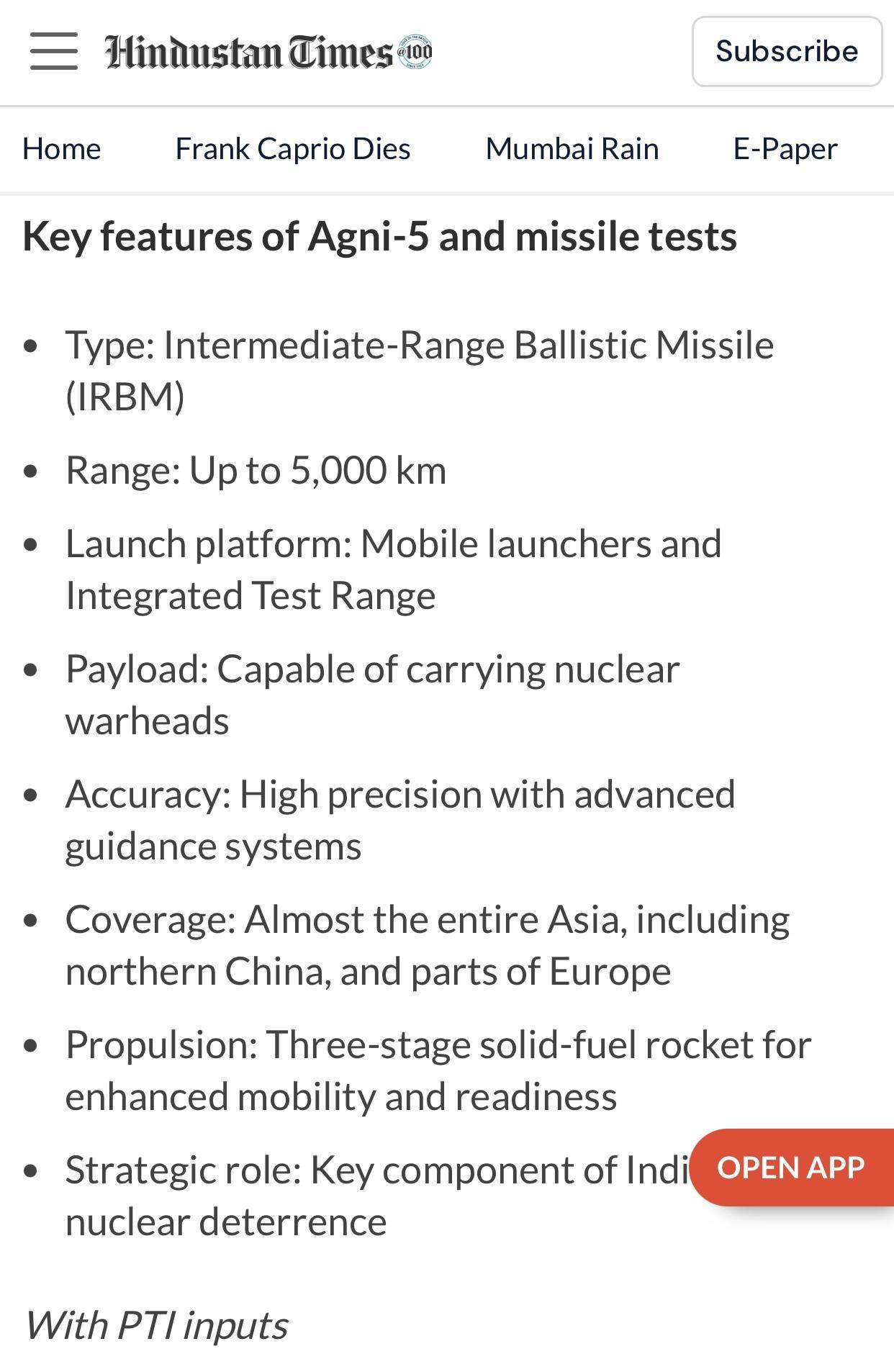印媒：成功试射”烈火-5”型中程导弹导弹 称” 可覆盖中国北方” 印