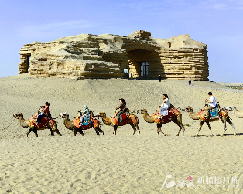8月12日，在“沙漠之门”景区，游客骑骆驼游览塔克拉玛干沙漠。