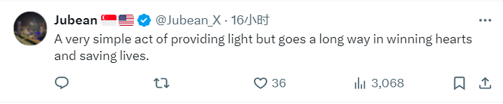 网友Jubean评论说：“简单的照明，却赢得了人心，在拯救生命中发挥了巨大作用。”