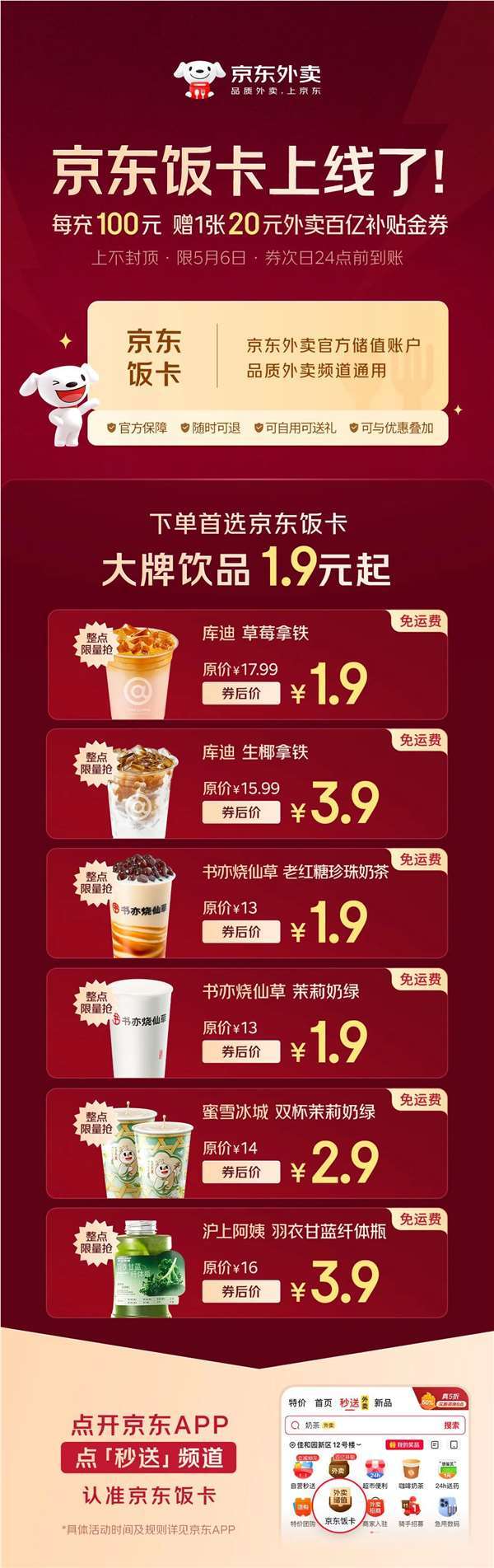 京东饭卡上线:每充100元送20元外卖百亿补贴券 上不封顶