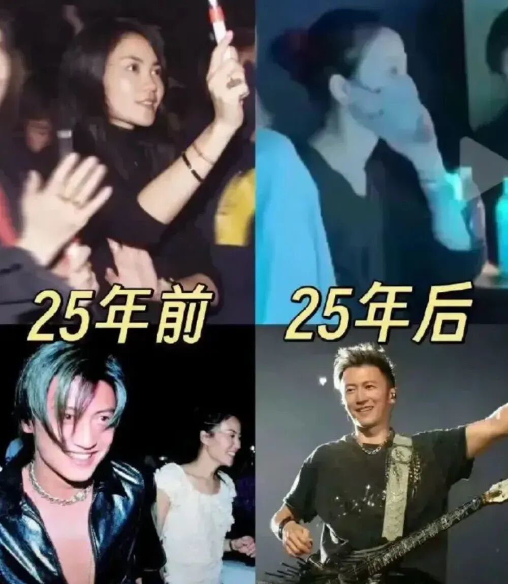 年初香港启德体育园演唱会现场,谢霆锋献唱他和王菲的定情曲《玉蝴蝶》时,王菲被拍到在观众席随歌起舞。(图/社交媒体截图)