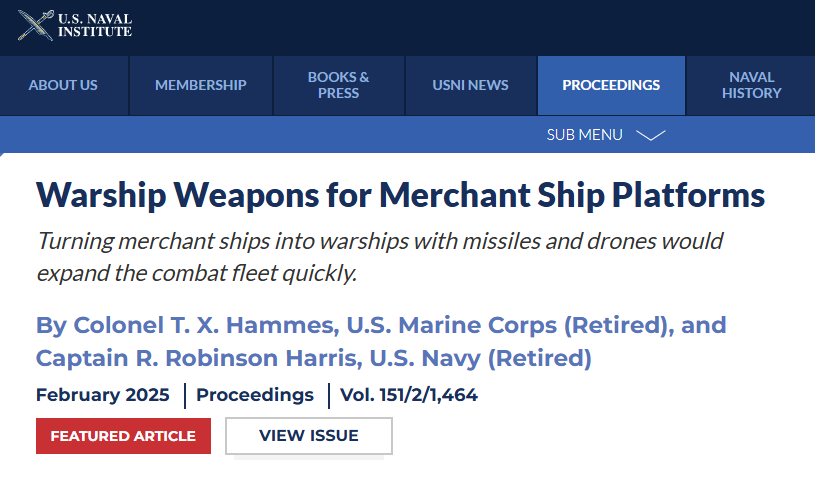 美国海军学会(USNI)网站上刊登的关于探讨使用集装箱武器改装商船的文章